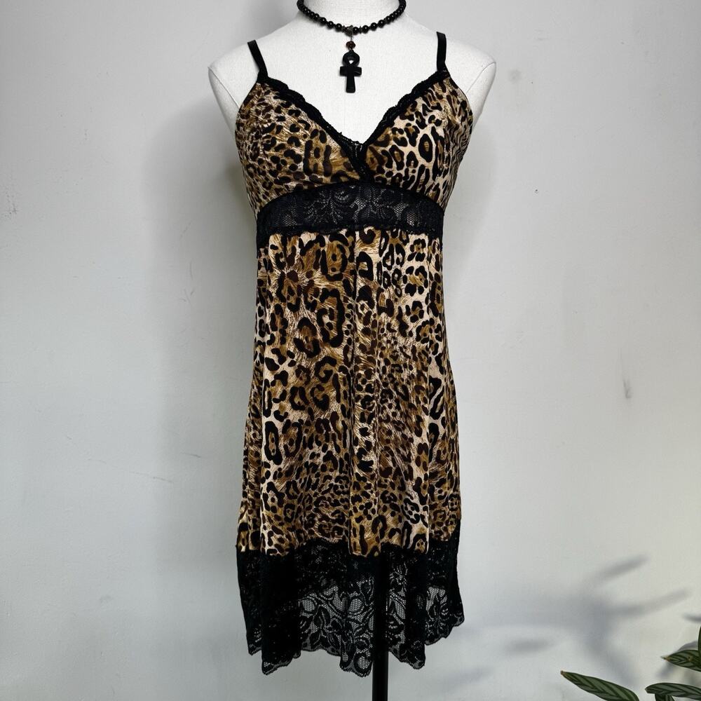 Y2K Leopard Lace Babydoll Slip Dress Mini Coquette Indie Sleaze L